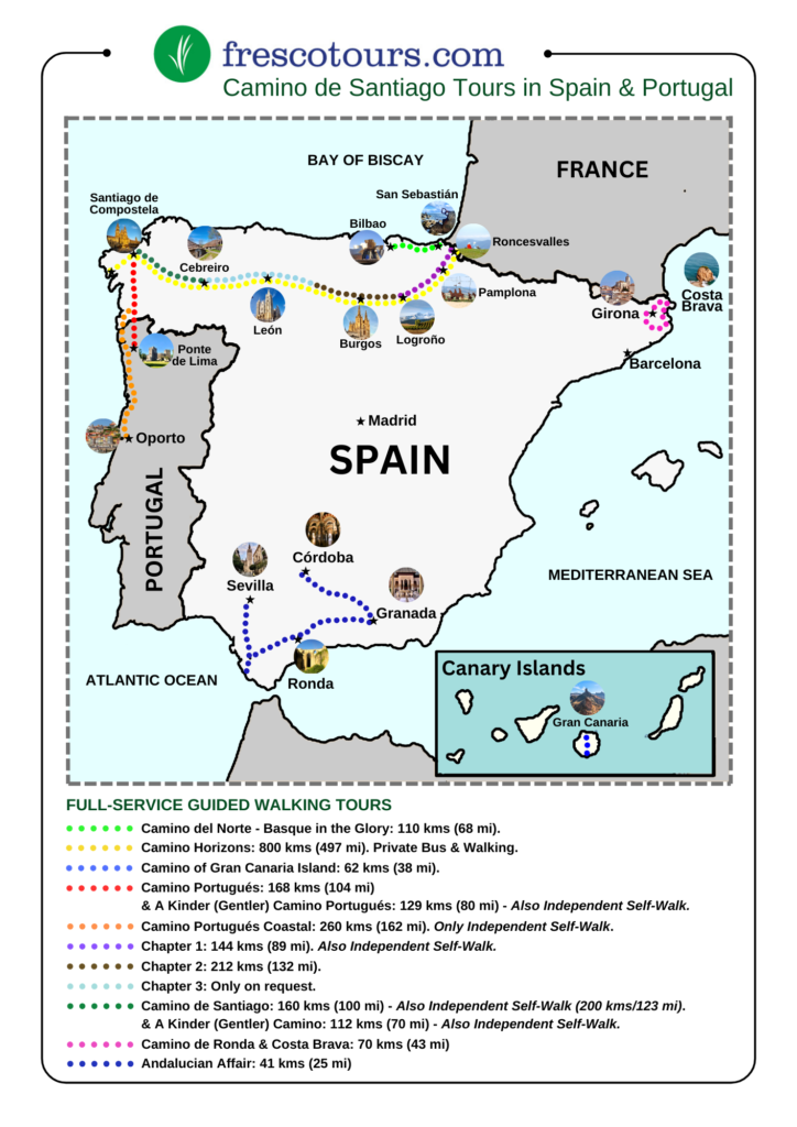 Map of Fresco Tours' Camino de Santiago and Spain tours.